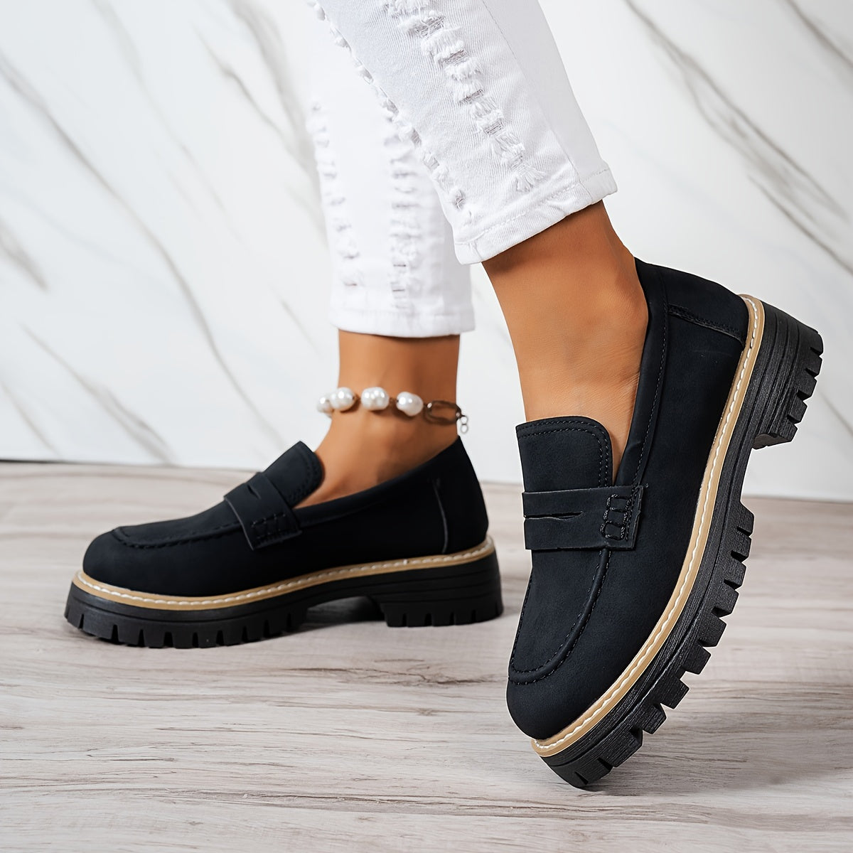 LoaferMax | Dames Retro Chunky Slip-On Loafers - Faux Leather Penny Loafers