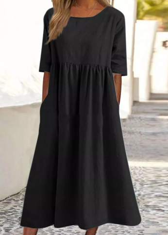 Noora | Klassieke katoen-linnen jurk met korte mouwen en zakken - Zomer Casual Midi