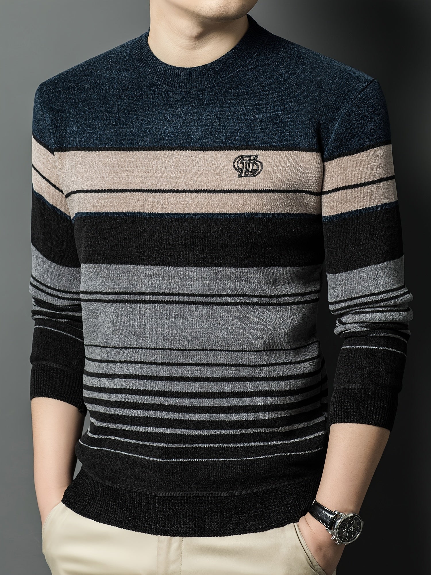 Dagursson | Thermische fleece gevoerde wintertrui voor heren – Warme gestreepte gebreide pullover