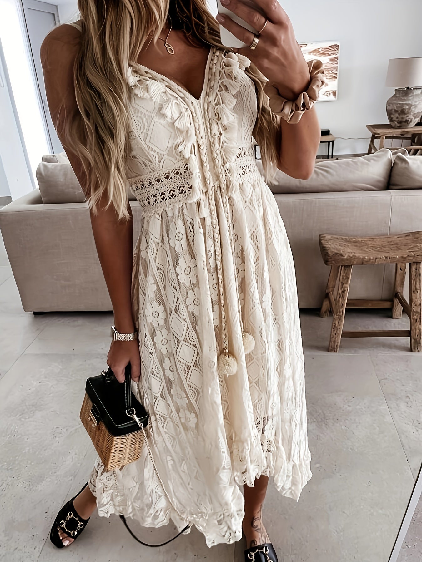 Gessica | Kanten bohemien jurk - Vrouwen vintage geïnspireerde boho jurk, elegante kanten details