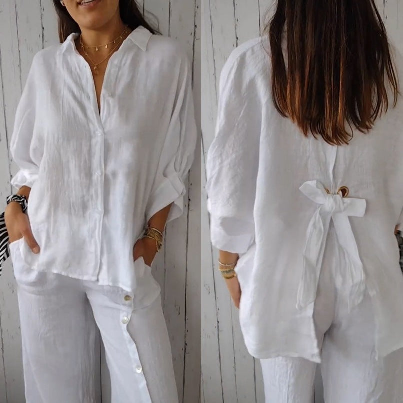 Halldora | Blouse met strikceintuur op de rug - Elegante top met lange mouwen