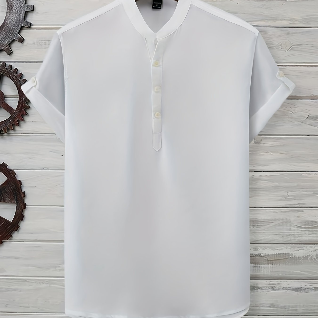 Rezso | Heren Katoen Linnen Henley Overhemd met Korte Mouw - Zomers Casual Overhemd