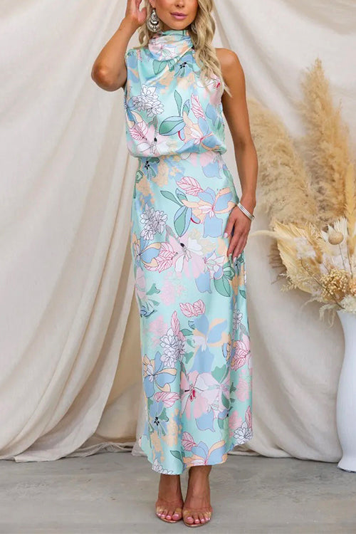 Chona | Blauwe satijnen damesjurk met bloemen - hoge hals, elegante zomeravondjurk
