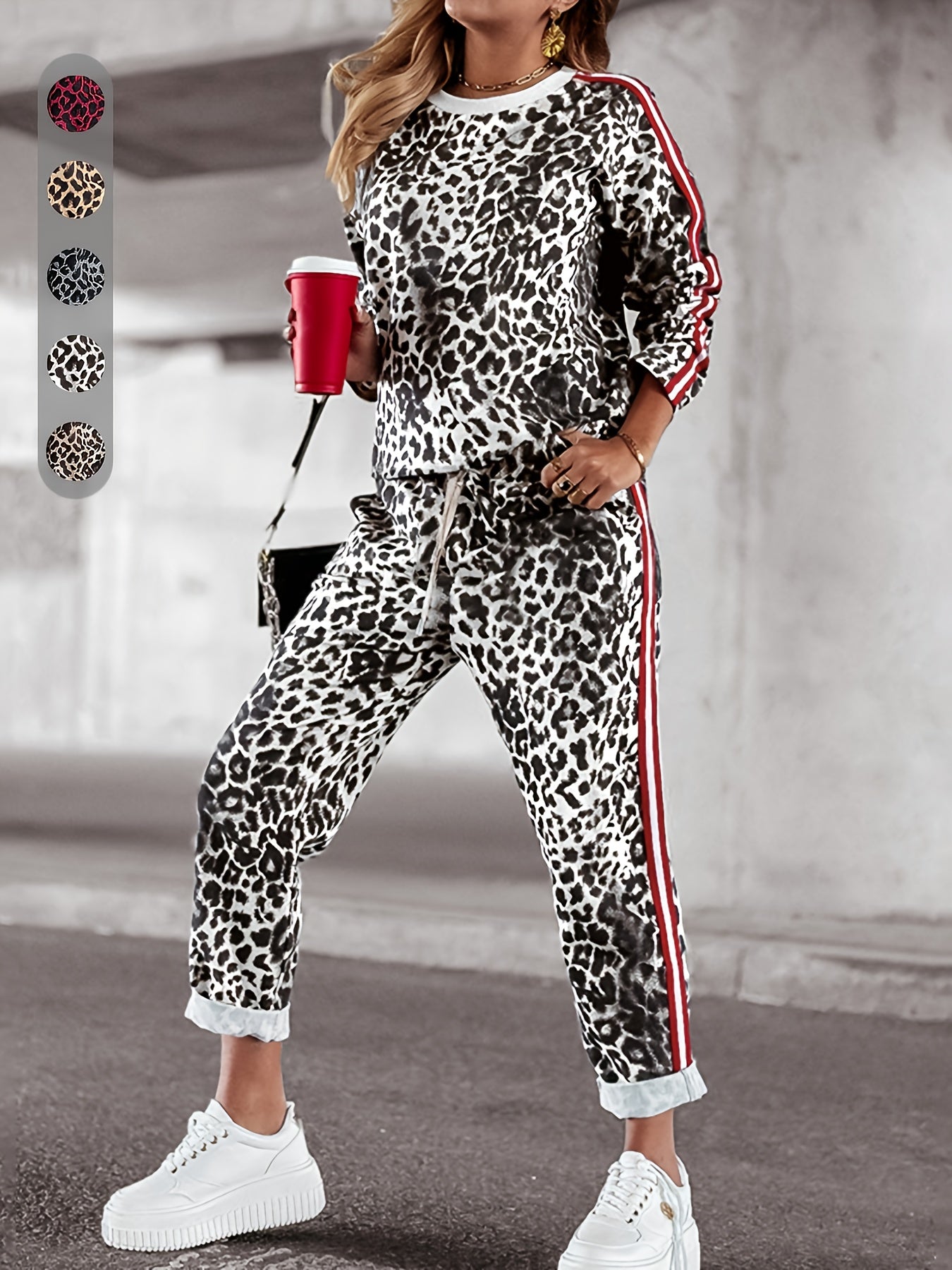 Emryth | Tweedelige vrouwenset met luipaardprint - top met lange mouwen en broek met hoge taille, casual lounge outfit
