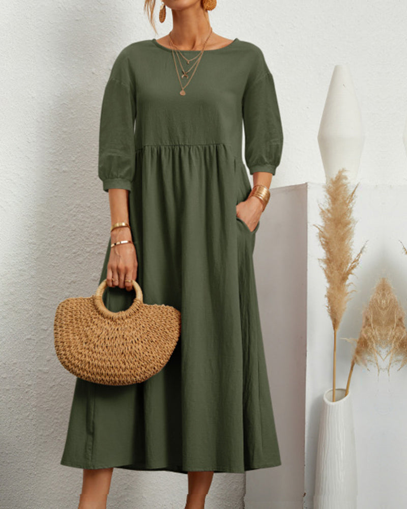 Tiana | Dames Midi-jurk van katoen en linnen - Ballonmouwen, Casual Boho Chic Jurk