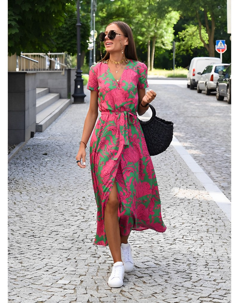 Bledina | Maxi jurk met levendige bloemenprint - Taillekoord, Lichtgewicht jurk