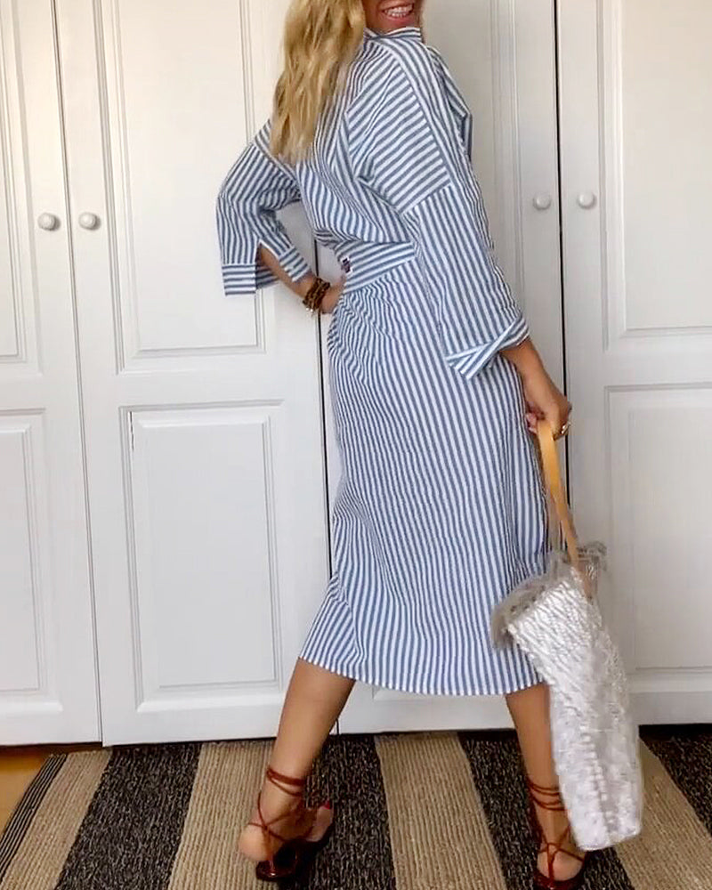 Roswitta | Hemdjurk met lange mouwen en riem, elegante casual Midi Hemdjurk voor vrouwen