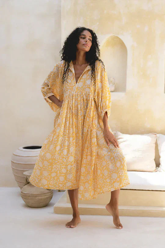 Taylen | Boho Babydoll Midi Jurk - Bloemenprint, Lichtgewicht Zomerstijl