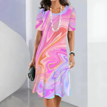 Erin | Damesjurk met abstracte marmerprint - Midi-jurk met korte mouwen voor de zomer