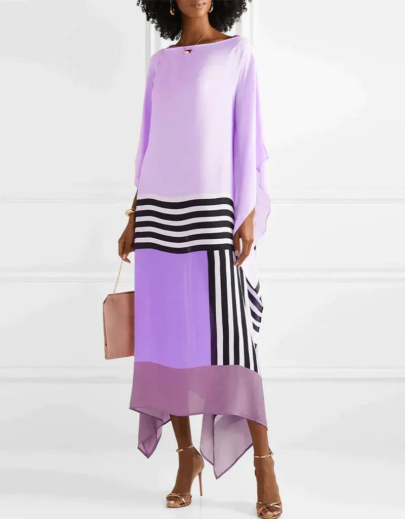 Galiana | Luxe gestreepte kaftan maxi jurk - lange mouwen, onregelmatige zoom, elegant dragen