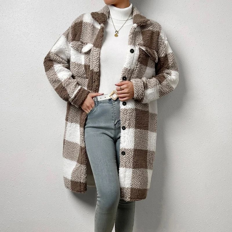 Veronica | Dames jas met ruitjesmotief – oversized pasvorm, knoopsluiting, zachte herfstjas
