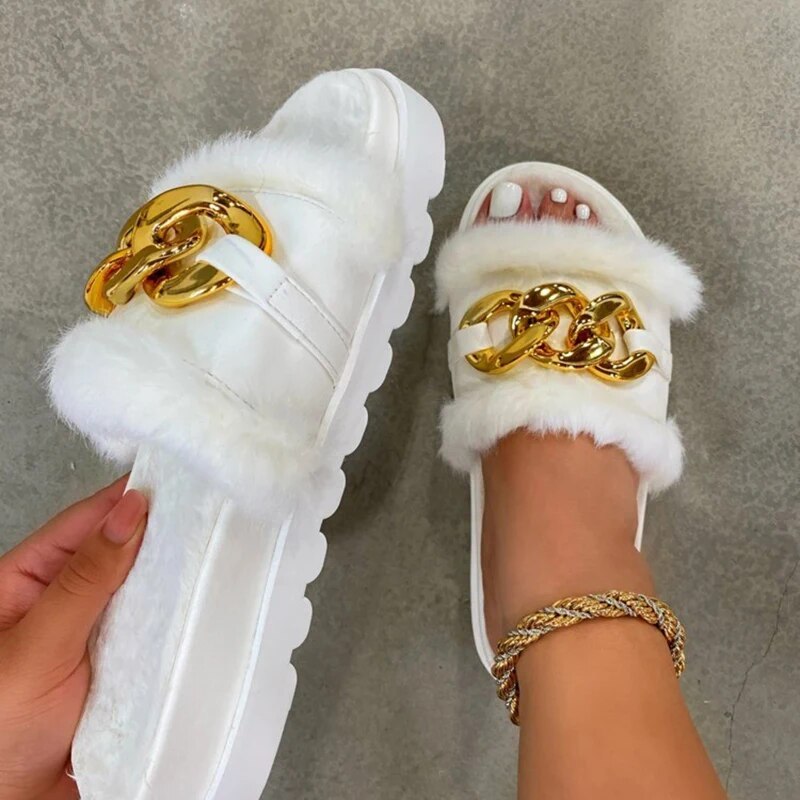 Nuvella | Open teen pantoffels van pluche voor vrouwen - Fashion Chain Sandalen, Comfort Huisschoenen van imitatiebont
