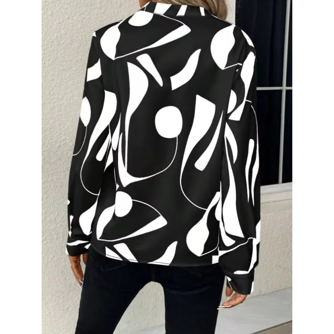 Fialith | Women's Geometric Abstract Print Long Sleeve V-Neck Blouse – Casual Loose-Fit Top