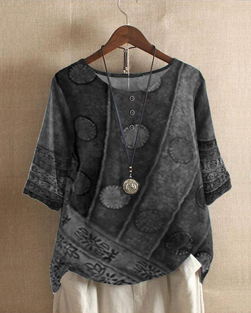 Johanne | Vintage Boho Print Top - Damestop met halve mouwen en losse pasvorm