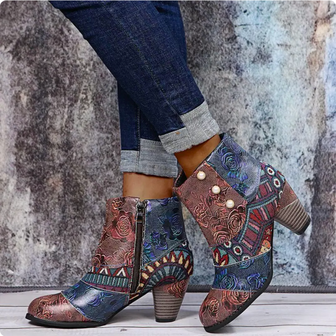 Folkiva | Kleurrijke Boho Patchwork Laarzen met Hak voor Vrouwen - Retro Enkellaarsjes met Ritssluiting