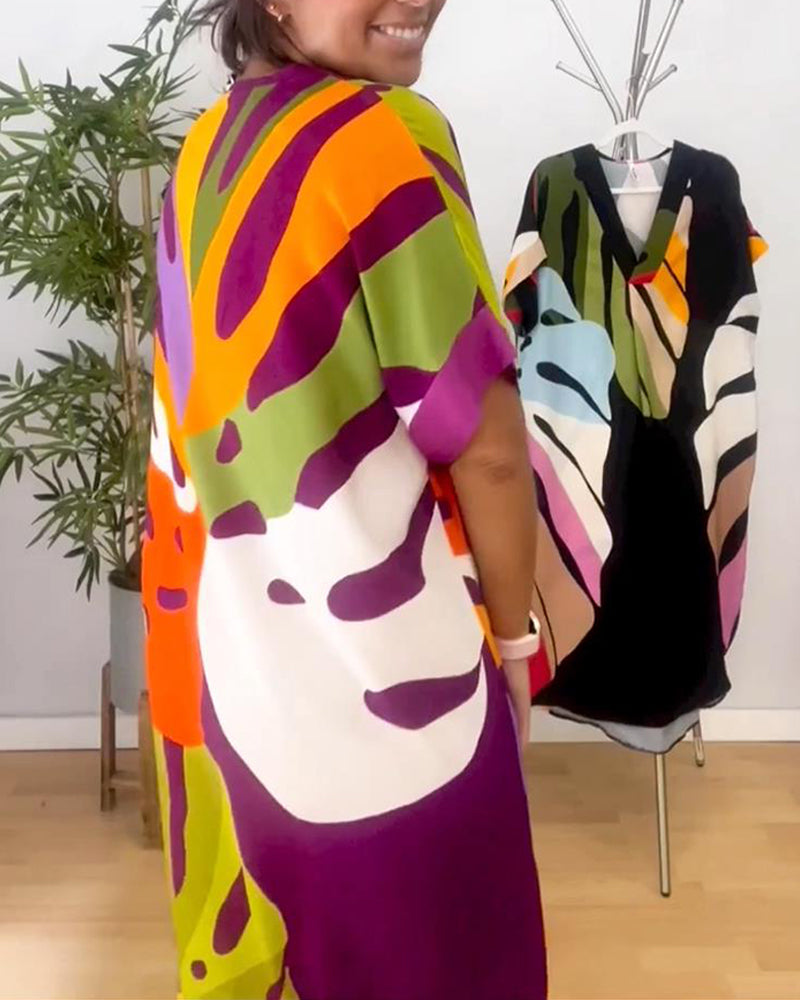 Elzbieta | Midi-jurk met V-hals en bladprint - korte mouwen, katoenmix