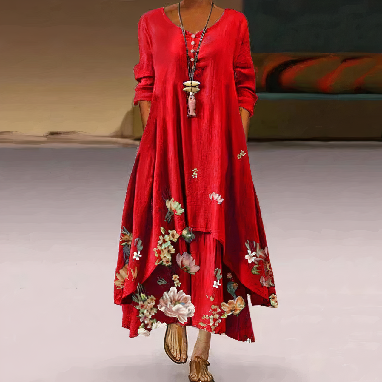 Annelore | Bloemenjurk voor dames – Lange mouwen, boho zomerjurk, elegante casual lichtgewicht jurk