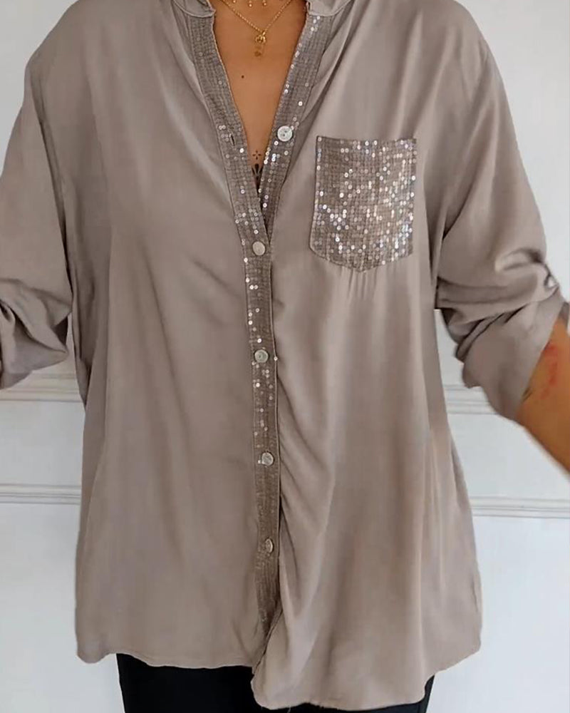 Stella | Elegante Pailletten Blouse - Casual Knoopsluiting Top met Verstelbare Manchetten