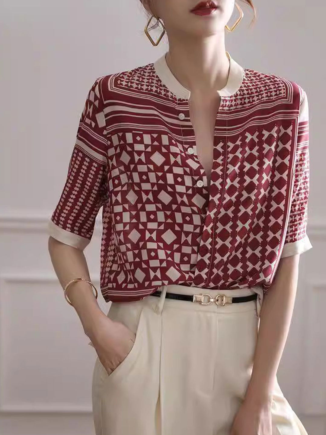 Zulema | Dameshemd met geometrische abstracte print - 3/4 mouwen, lichtgewicht blouse