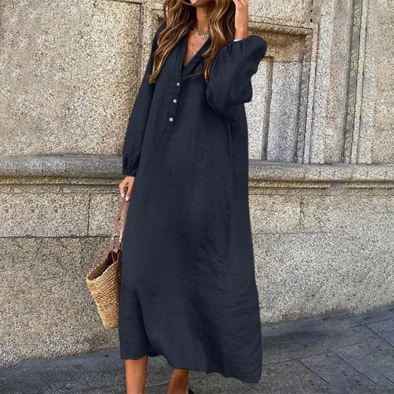 Enlyra | Linnen Midi-jurk met lange mouwen - Relaxed Fit, Lichtgewicht, Casual Zomerjurk