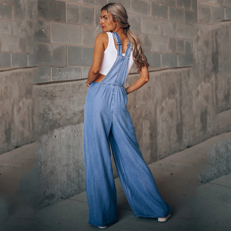 Bertille | Damesjungaree denim wijd uitgesneden mouwloze jumpsuit