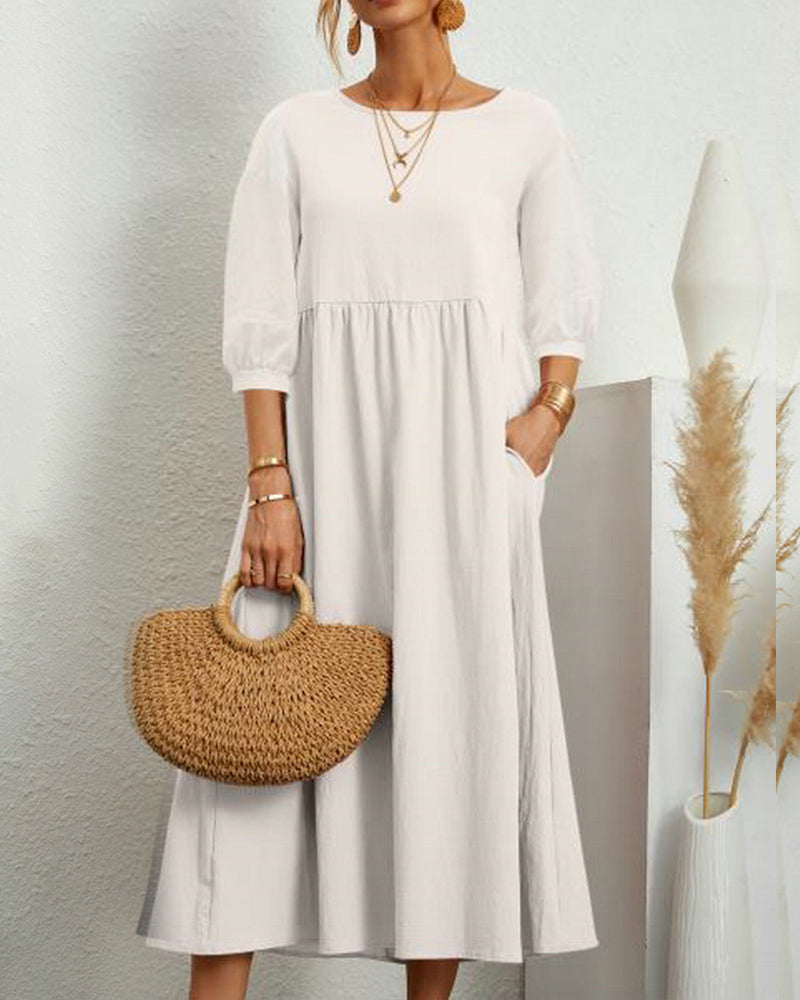 Tiana | Dames Midi-jurk van katoen en linnen - Ballonmouwen, Casual Boho Chic Jurk