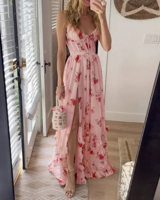 Olenna | Bloemenprint maxi-jurk – mouwloos met zijsplit, lichtgewicht en soepelvallend – tuinfeest, brunch