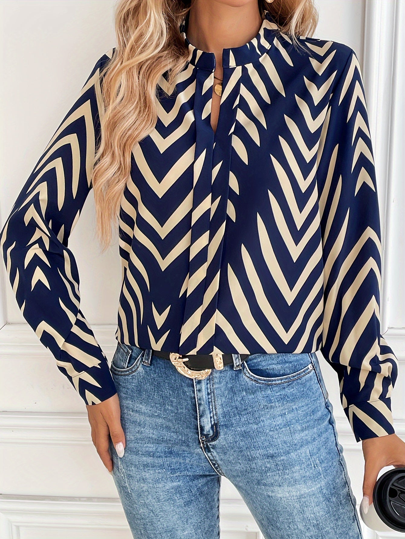 Praskovia | Chevron Patroon blouse met ingekeepte hals, Elegante Lange Mouwen Losse Blouse