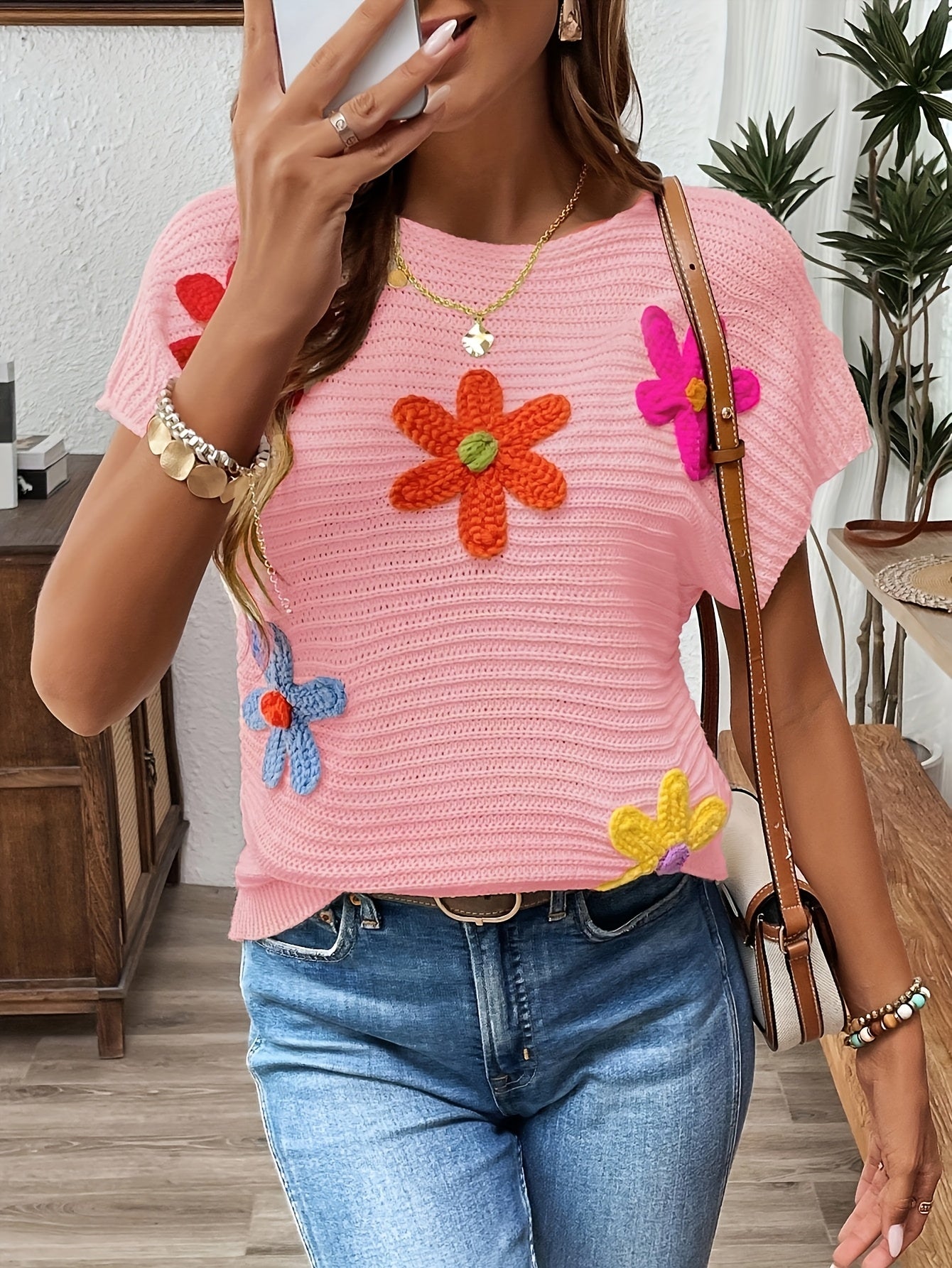 Ozara | Geborduurde damesblouse met 3D bloemen - Elegante gebreide viscose top