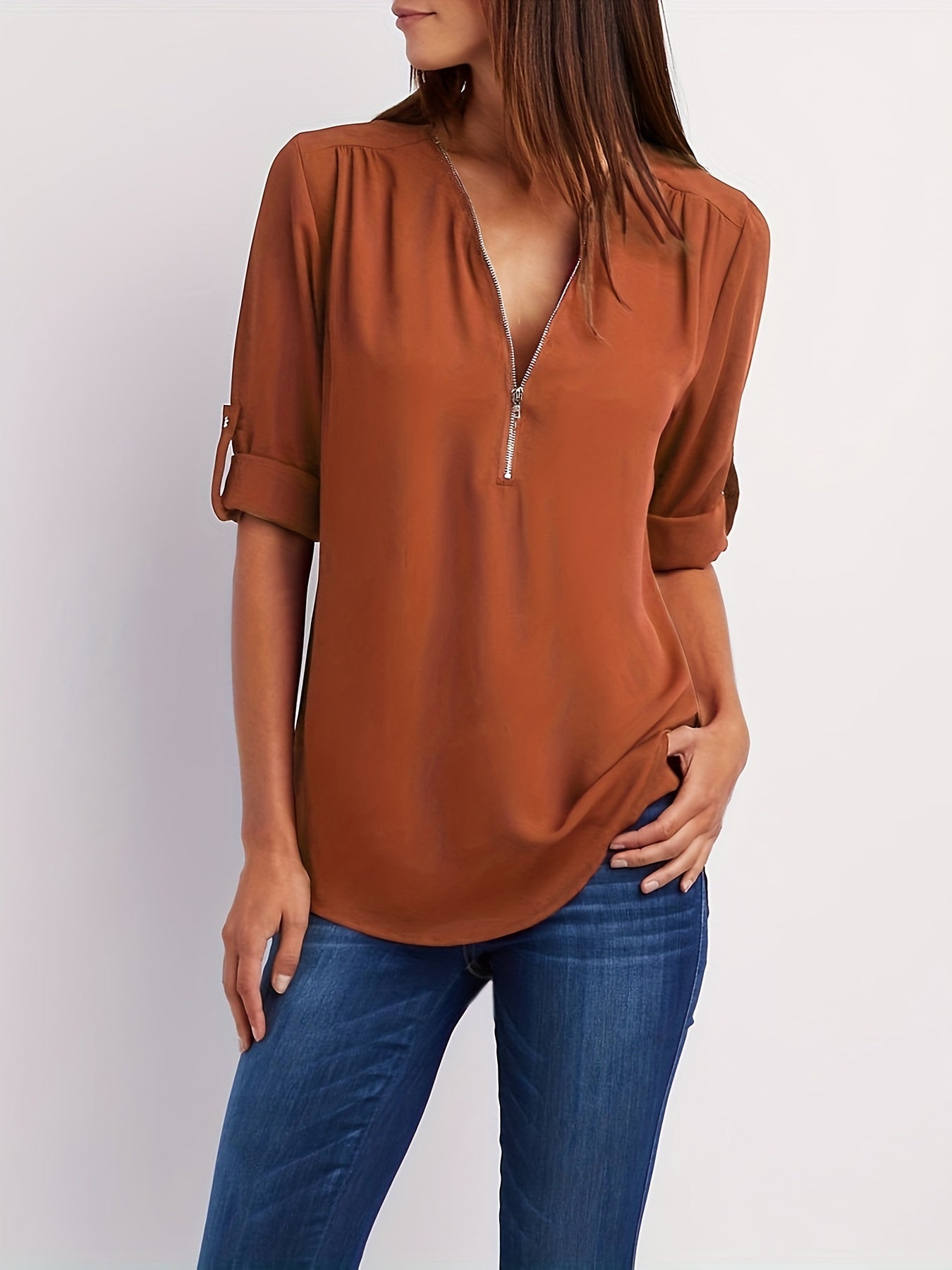 Veridiana | Damesblouse met V-hals en halve rits - Casual mouwen met gerimpelde mouwen, elegant en ademend