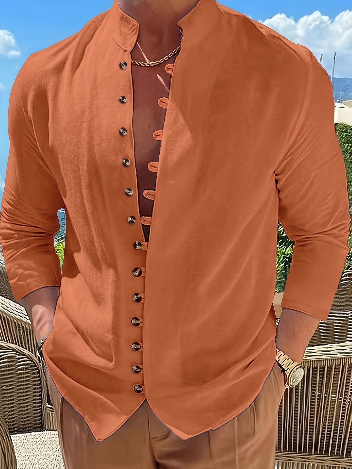 Philly | Heren Vintage Katoenen Linnen Casual Overhemd - Lange Mouw, Staande Kraag, Knoopdetail, Los model
