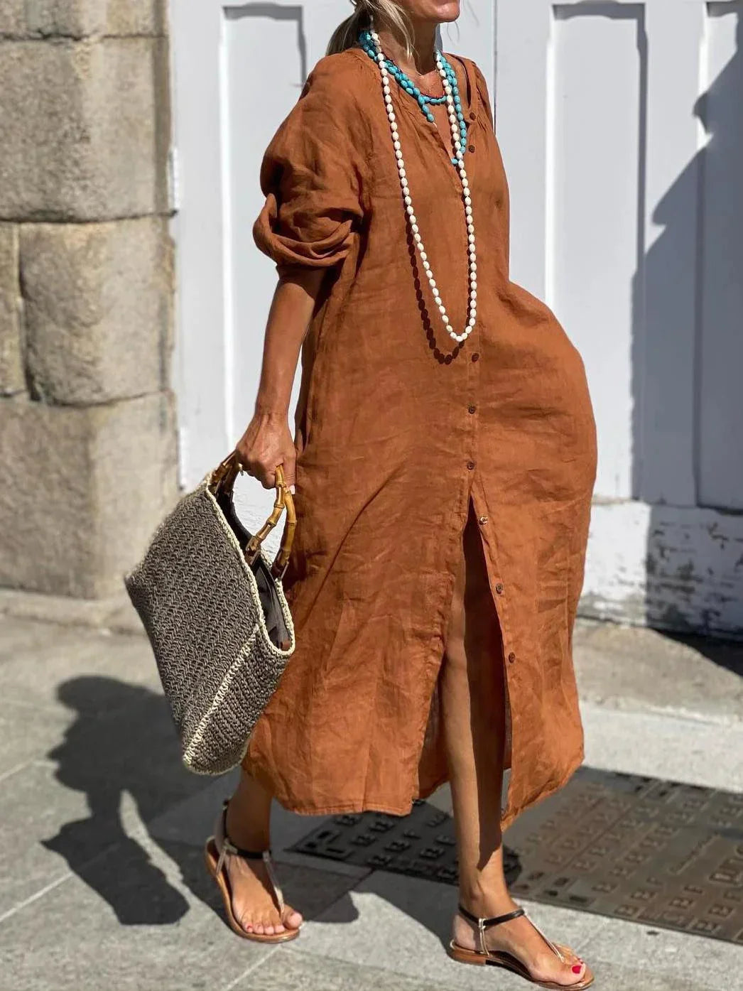 Vianne | Maxi-jurk van oversized katoen-linnen - knoopsluiting voor, vloeiende pasvorm