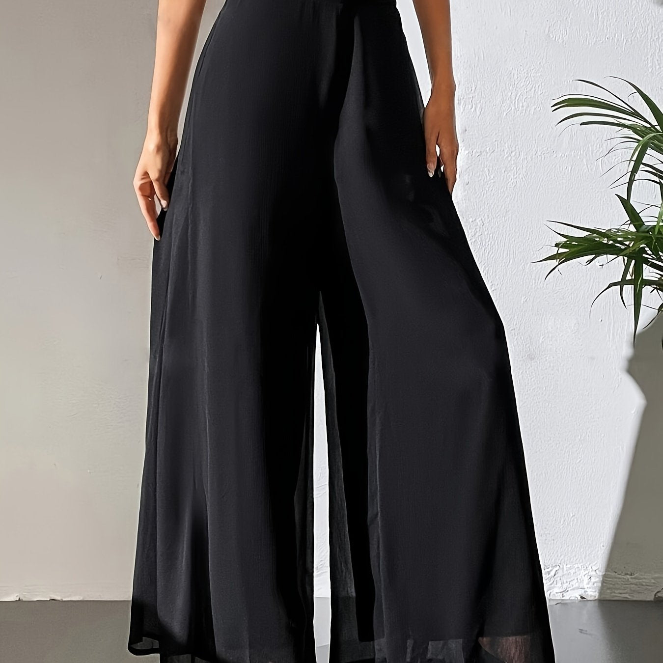 Maurelle | Hoge taille chiffon broek met wijde pijpen voor dames – Uitlopend, transparante mesh overlay