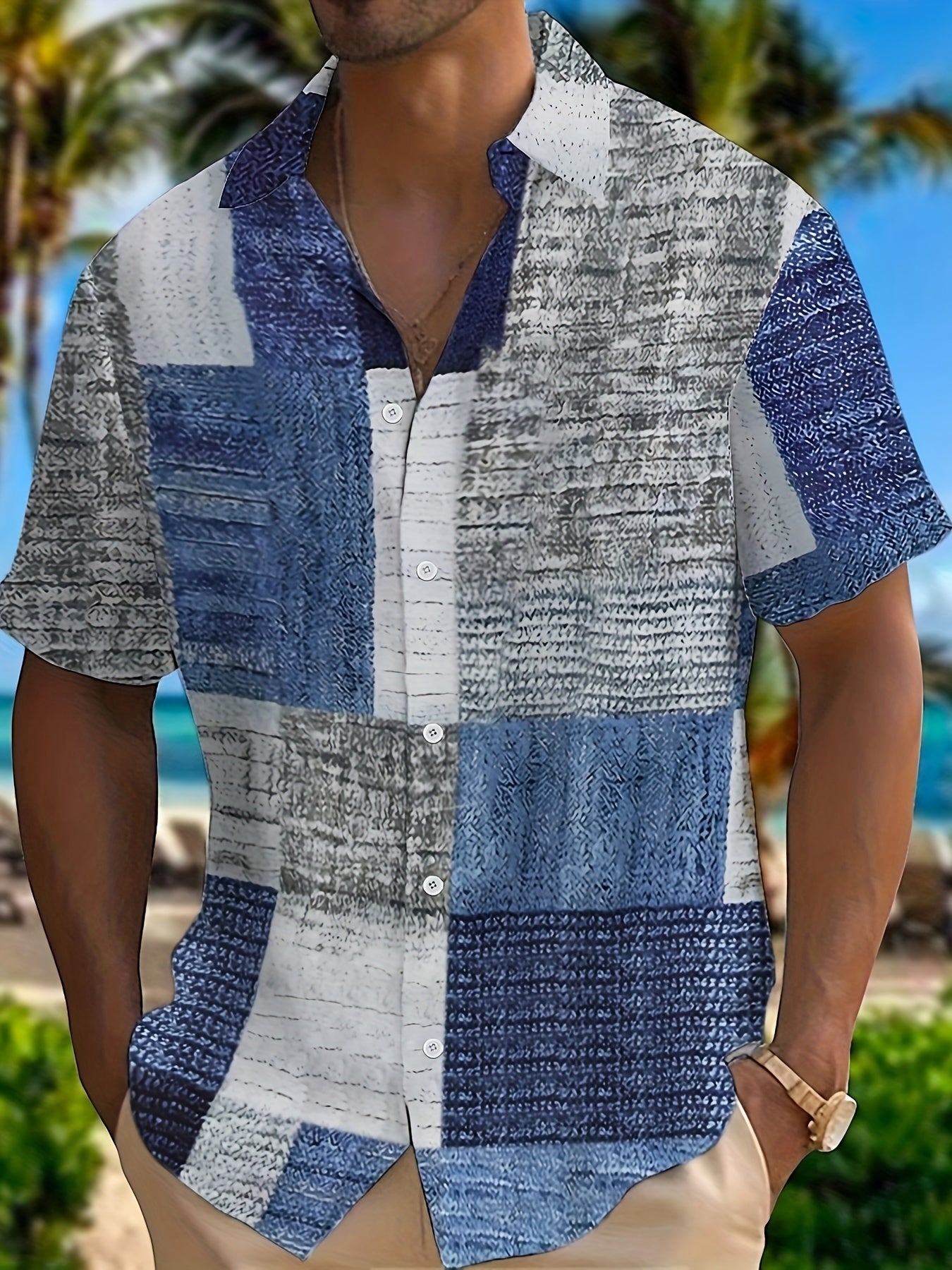 Royce | Casual herenoverhemd met korte mouwen en patchworkprint in contrasterende kleuren