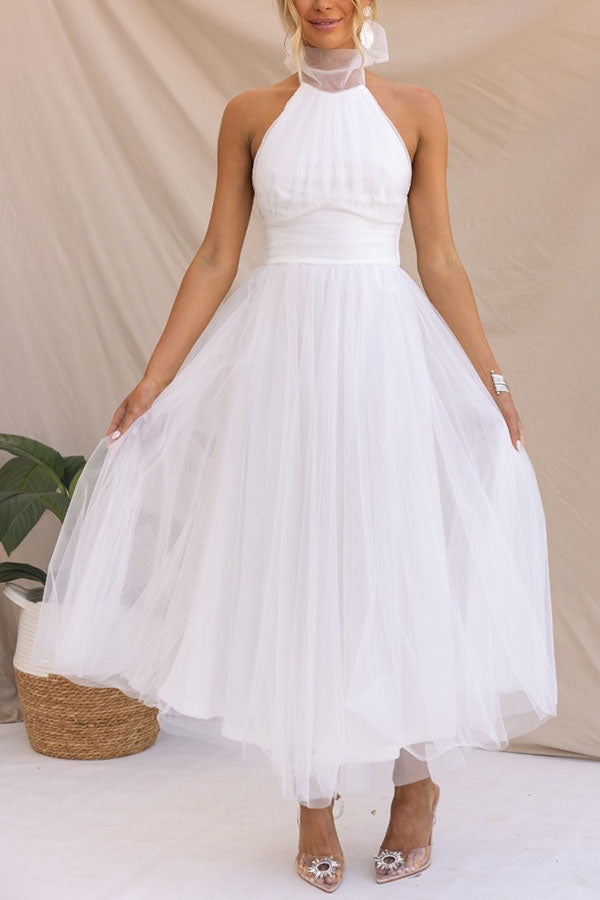 Bellina | Elegante Lange Jurk met Halterhals - Mesh Stof