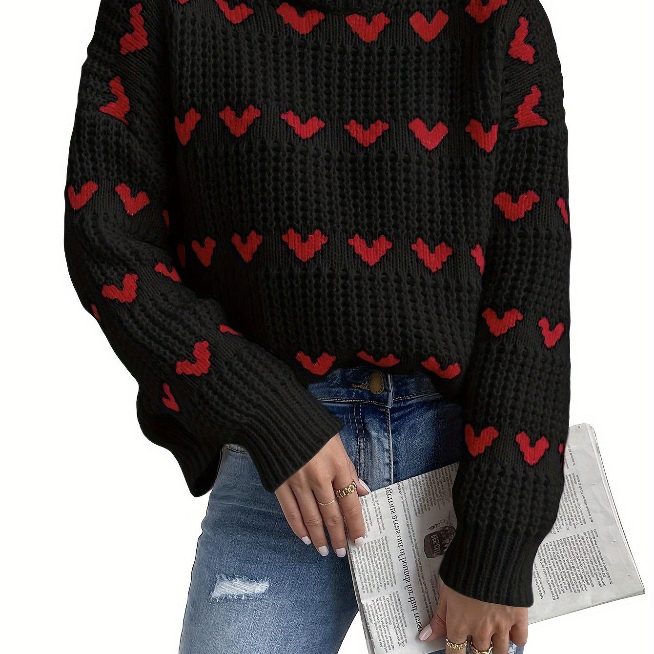Irindra | Gebreide trui met hartpatroon - Hoge hals, Pullover met lange mouwen voor herfst-winter casual kleding
