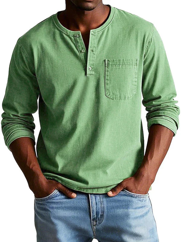 Bronic | Heren Vintage shirt met lange mouwen - Ronde hals, halve knoopsluiting, gewassen casual shirt