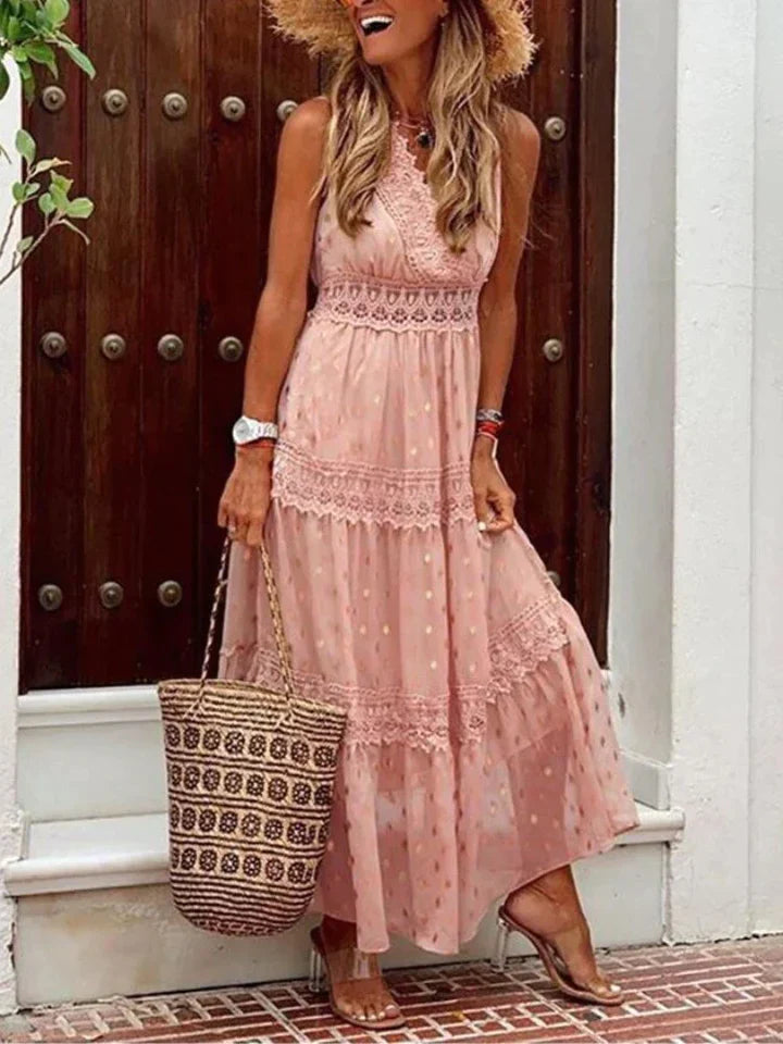 Vesta | Elegante Mouwloze Boho Kanten Jurk - Lang, Vrouwelijk & Trendy