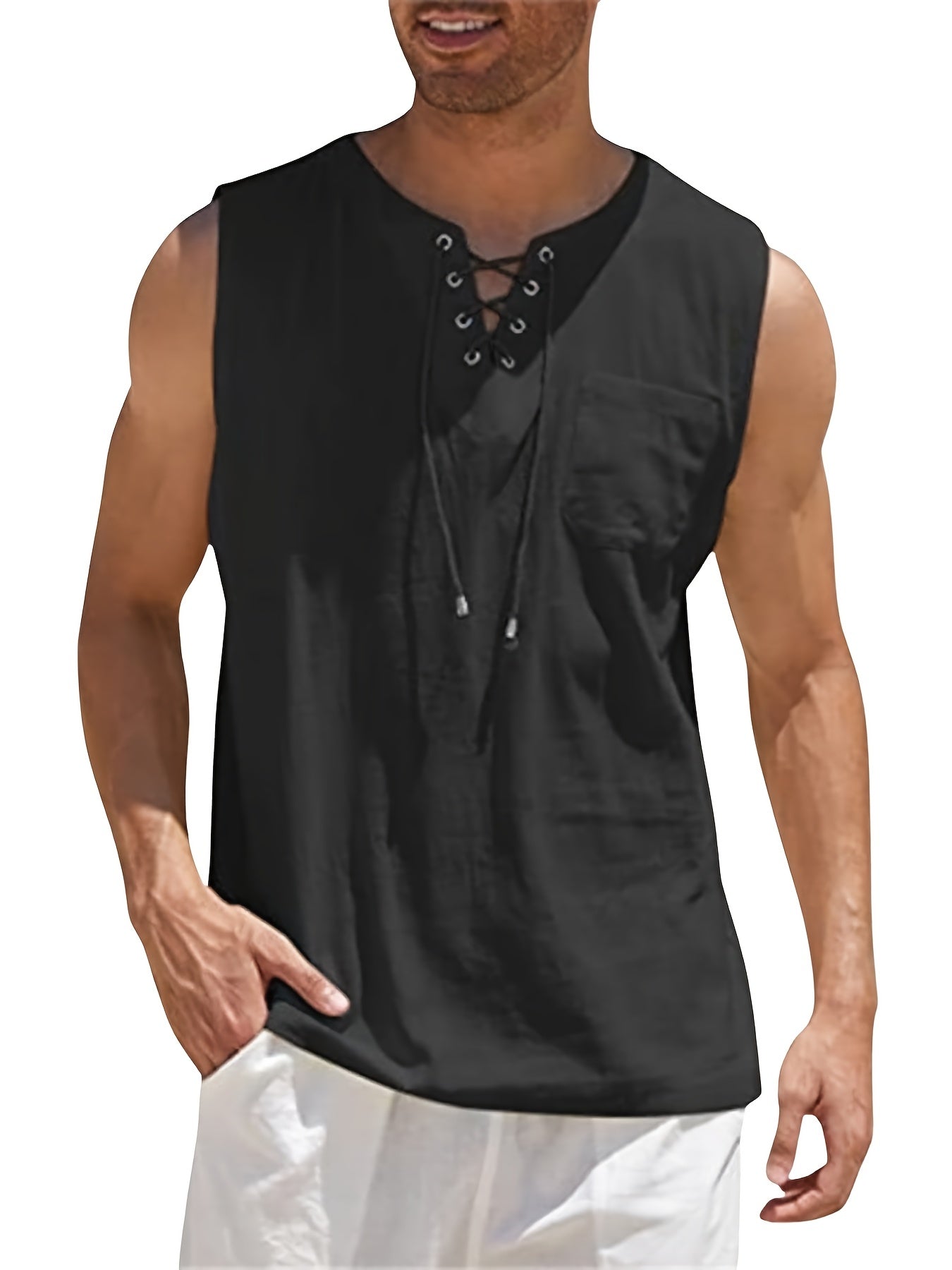 Morten | Katoenen linnen mouwloze V-hals tanktop voor heren - lichtgewicht zomershirt