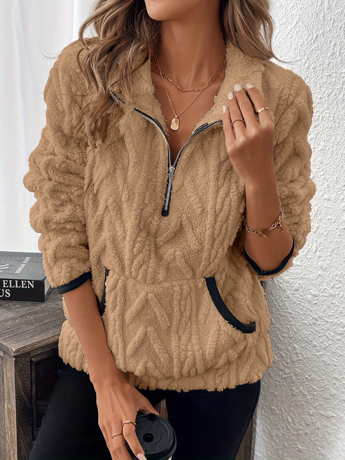 Evodia | Dames sweatshirt met pluizige stof, pullover met halve ritssluiting, casual comfortabele top met lange mouwen