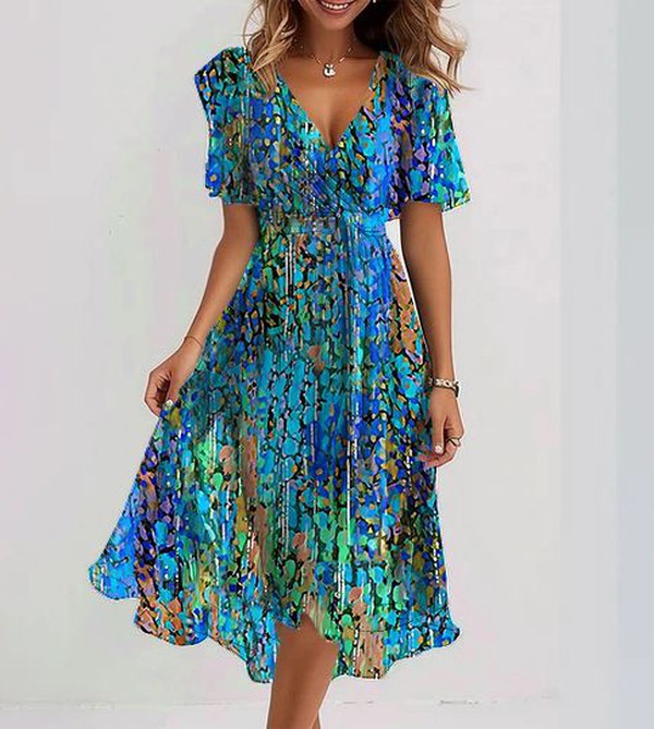 Katleen | Bedrukte chiffon midi-jurk met V-hals - Elegante en stijlvolle damesjurk