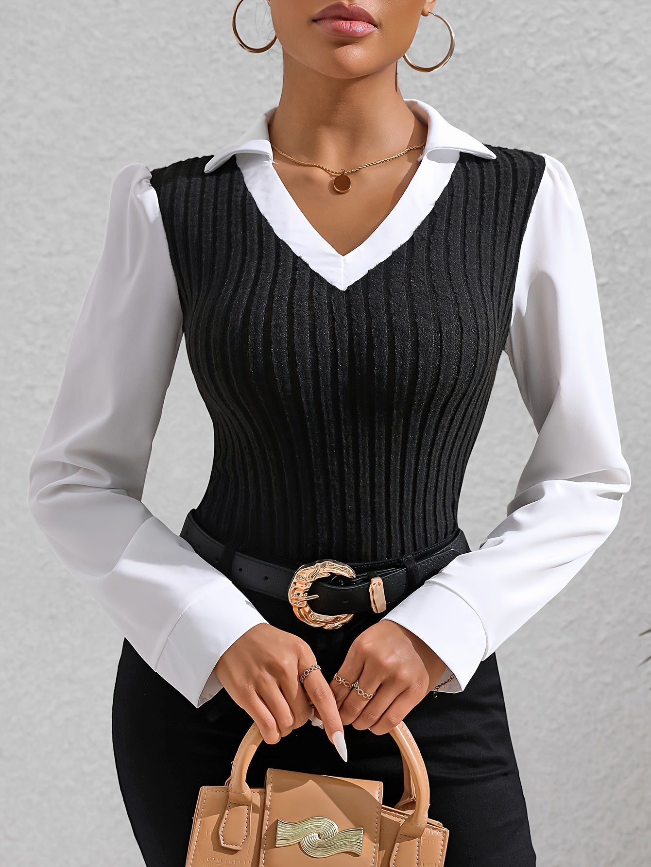 Rusalka  | Vrouwen Kleurblok Faux Twinset Kapel Blouse - Casual Lange Mouw Top
