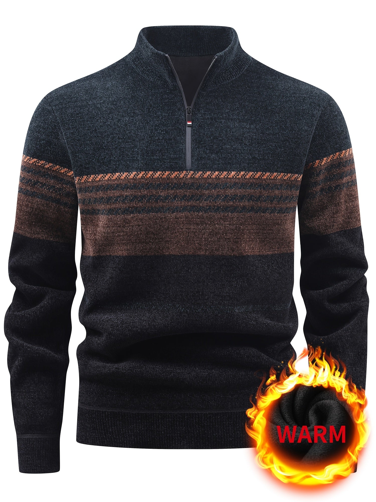 Valter | Heren sweater met fleecevoering en ritssluiting – Warme pullover met kleurblokken en strepen