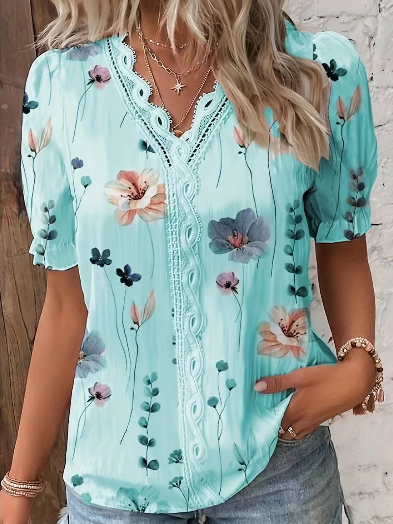 Jonida | Damesbloemenblouse met V-hals en kant - Casual top met korte mouwen