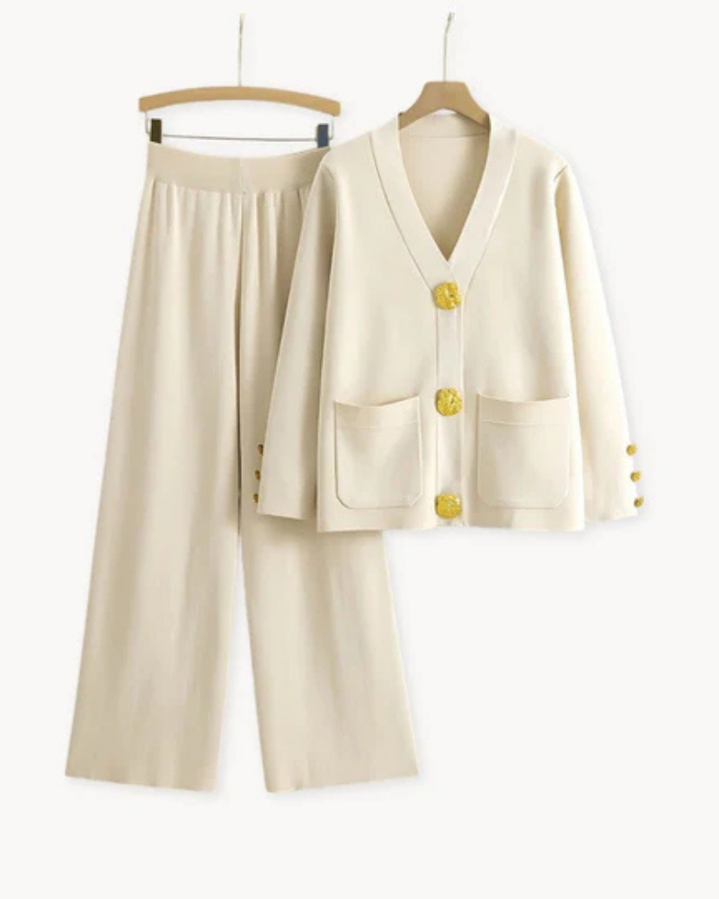 Panthea | Luxe gebreide vrouwenset - vest en broek, loungewear ensemble