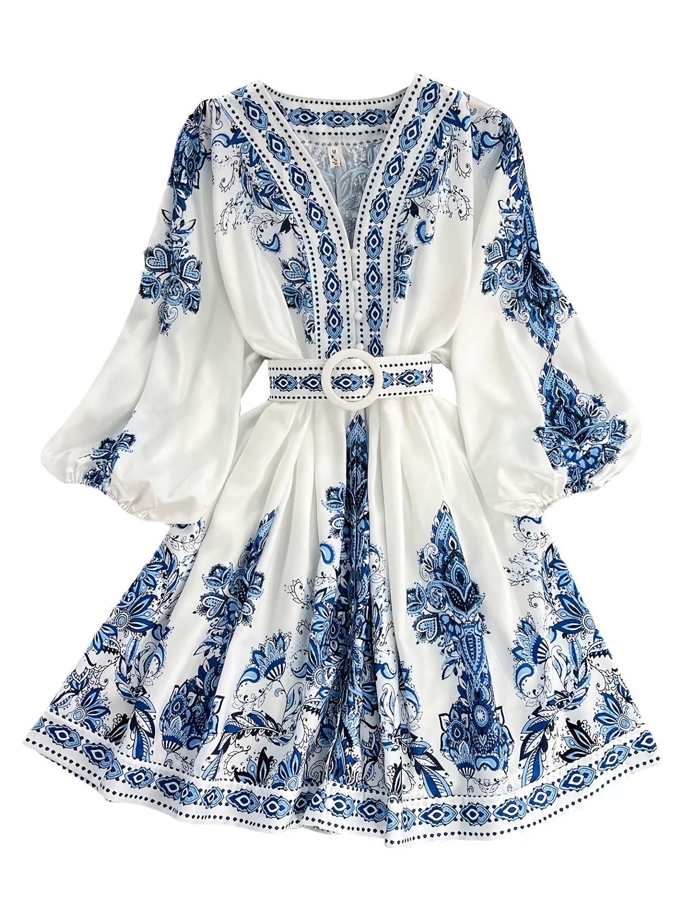 Florica | Vintage bloemenprint jurk met V-hals - Lantaarnmouwen, A-lijn met ceintuur