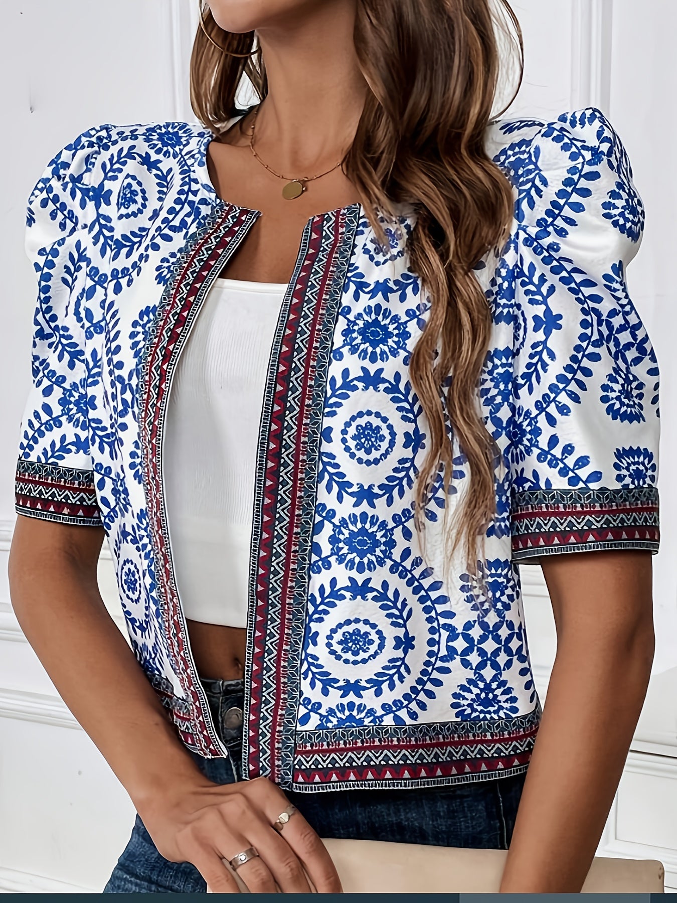 Sevdalina | Vrouwen Vintage Blouse met Geometrische Print - Blauw Wit Mandala Patroon