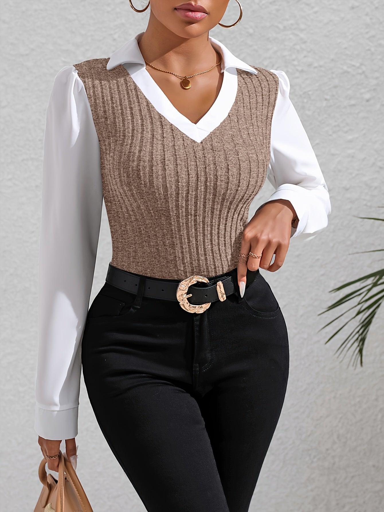 Rusalka  | Vrouwen Kleurblok Faux Twinset Kapel Blouse - Casual Lange Mouw Top