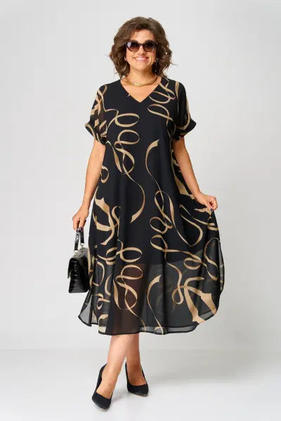 Avalen | Elegante Chiffon Jurk - V-Hals, Korte Mouwen, Lichtgewicht Relaxed Fit Zomerse Midi