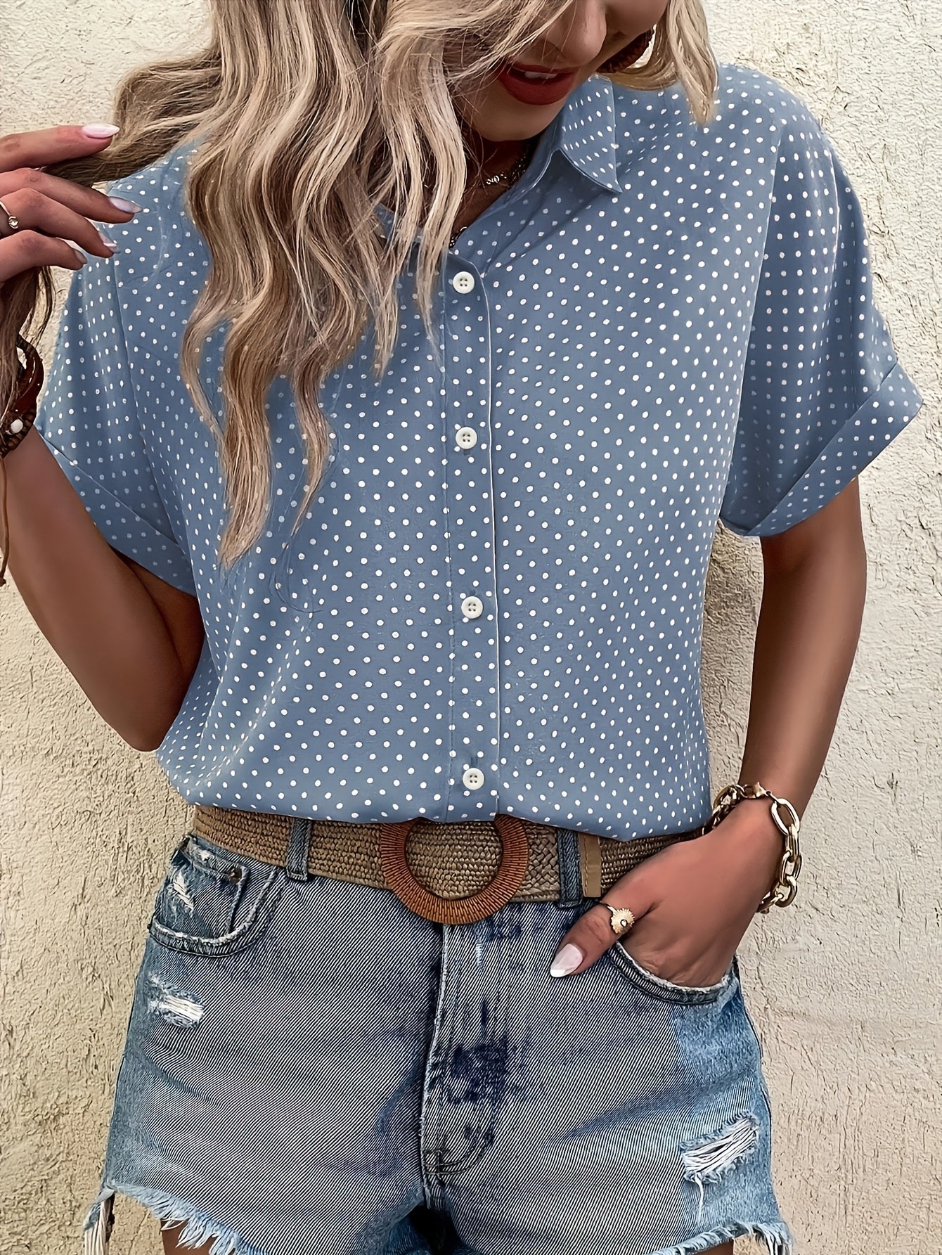Cvetka | Blouse met polka dot - Korte mouwen shirt met knoopsluiting voor